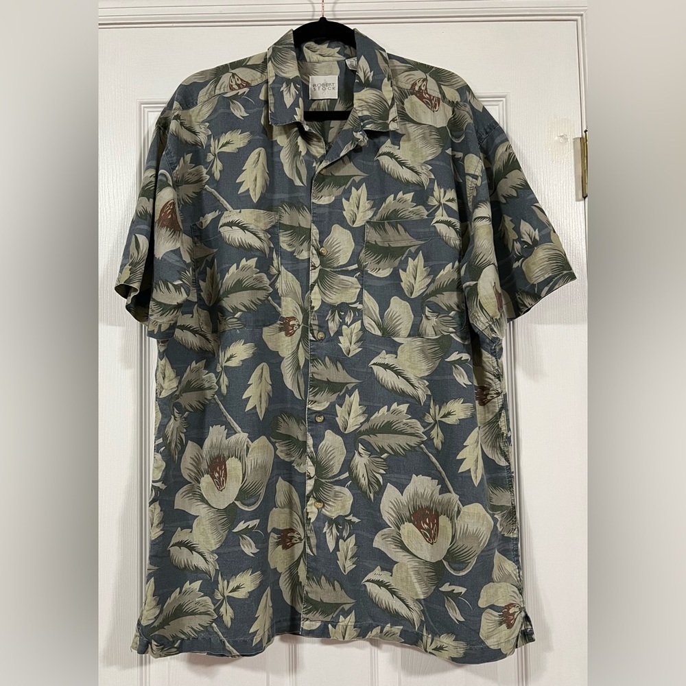 Robert Stock Shirt Mens Large Blue & GreenHawaiian Aloha Trible